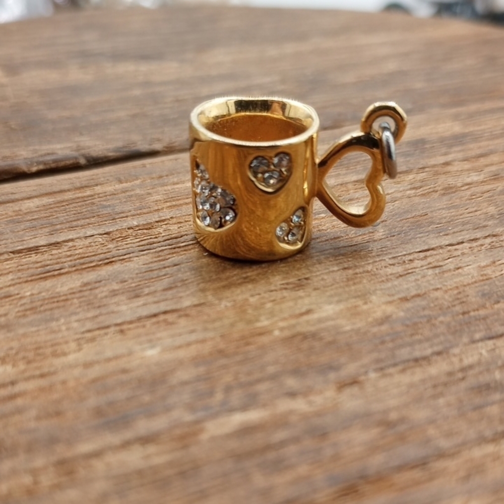 Gold Tone Heart Mug Charm Pendant with Clear Crystals P245